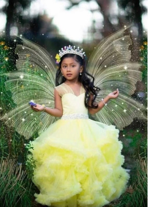 Yellow Tulle Ruffled Flower Girl Dress With Rhinestones Belt